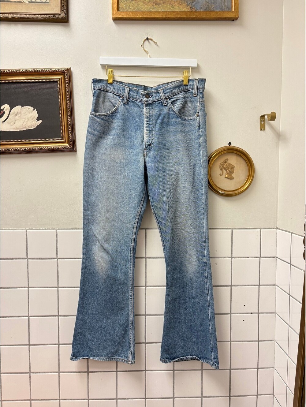 1970s Orange Tab Light Wash Flared Denim Jeans with Button and Zip Closure